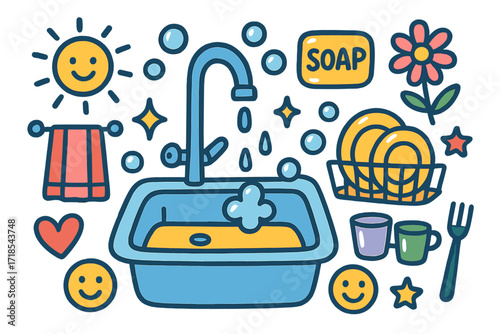 Cheerful Kitchen Doodle. Colorful Hand-drawn doodle Children illustration Clean Kitchen sink, faucet, towel, soap, bubbles, dish rack, plates, cups, flower,