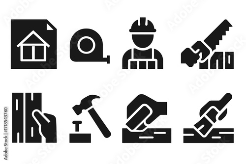 Woodwork Icon Set. Solid, filled icon set of wooden wall construction phases: blueprint, measuring tape, carpenter, saw cutting, plank fitting, nail hammering,