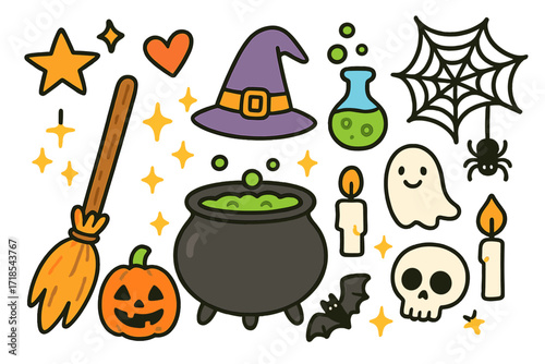 Witch's Doodle Icons. Witch?s corner. Colorful Hand-drawn doodle Children illustration cauldron, broom, witch hat, potion, star, heart, sparkle, pumpkin,