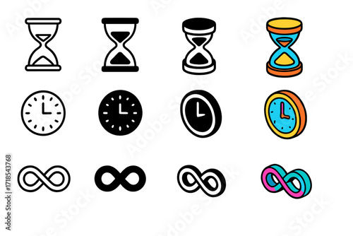 Time Concept Icons. Icon Set of Time Concepts: Hourglass, Clock, Infinite loop. Icons set in vector style, emblematic variations. Hourglass line, Hourglass