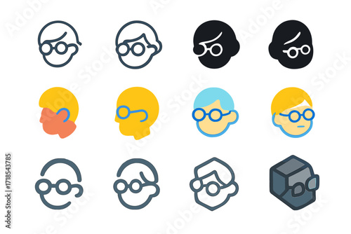 Elderly Care Logos. Set Logo of Elderly Care and Support: Glasses. Logo set in vector style, emblematic variations. line, bold thick line, solid black filled,