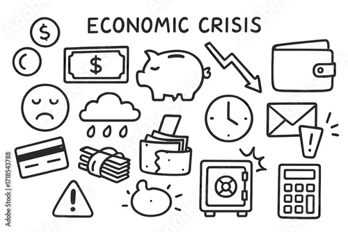 Economic Crisis Doodle Icons. Hand-drawn doodle illustration Economic crisis coins, dollar bill, broken piggy bank, wallet, credit card, chart arrow down, sigh