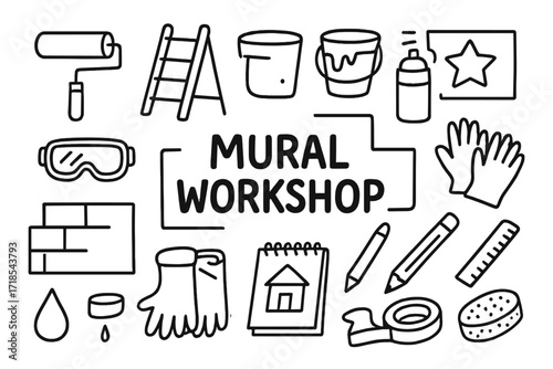 Mural Workshop Tools. Hand-drawn doodle illustration Mural Workshop [paint roller, ladder, big brush, bucket, spray can, stencil, wall outline, goggles,