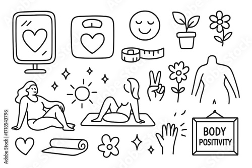 Body Positivity Icons. Hand-drawn doodle illustration [body positivity and self-acceptance] [mirror, scale with heart, measuring tape, happy face, heart in