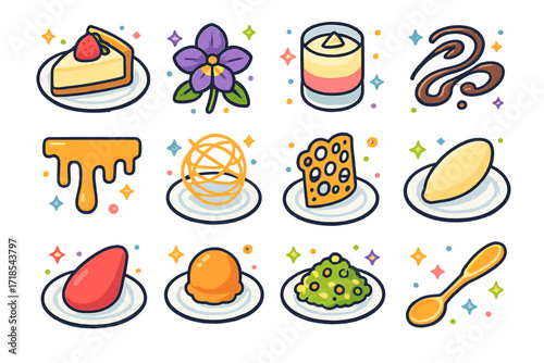 Fancy Dessert Icons. Colorful isometric vector icons set of Fancy plated desserts: plated cheesecake, edible flower garnish, layered mousse with gold leaf,