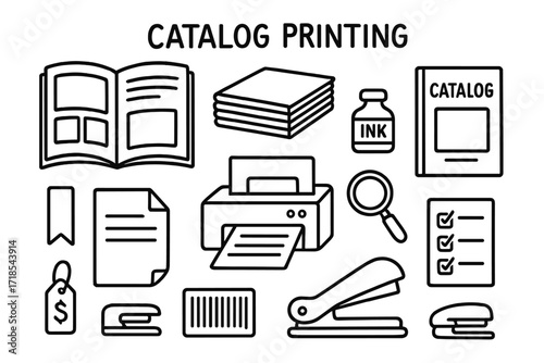 Catalog Printing Elements. Catalog Printing. Hand-drawn doodle illustration open catalog, stack of catalogs, cover page, bookmark, paper sheets, printer, ink