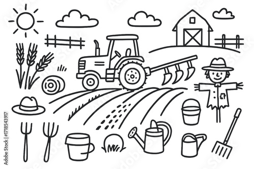Autumn Farm Doodle. Hand-drawn doodle illustration Autumn field plowing, tractor, plow, wheat stalks, hay bales, barn, farmer hat, pitchfork, wheel tracks,