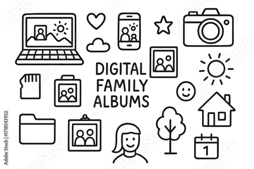 Digital Family Album Icons. Hand-drawn doodle illustration Digital family albums [laptop, smartphone, tablet, camera, photo frame, cloud, memory card, heart,