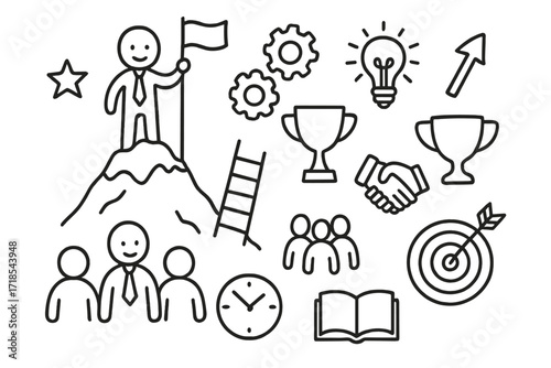 Leadership Doodle Icons. Hand-drawn doodle illustration leadership in team building leader figure, group of people, flag, mountain peak, ladder, trophy,