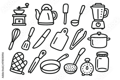 Kitchen Gadget Doodles. Hand-drawn doodle illustration Kitchen gadgets coffee grinder, kettle, blender, whisk, spatula, knife, cutting board, tongs, ladle,