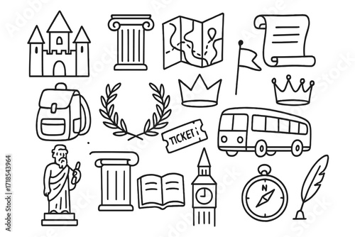Historic City Icons. Hand-drawn doodle illustration historic city tour castle, column, map, scroll, crown, laurel wreath, guide flag, backpack, ticket, bus,