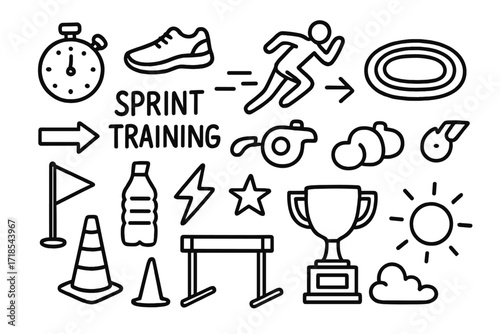 Sprint Training Doodle. Hand-drawn doodle illustration sprint training stopwatch, running shoe, track, sprinting figure, whistle, flag, arrow, lightning bolt,