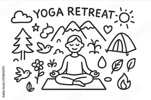 Yoga Retreat Icons. Hand-drawn doodle illustration yoga retreat in nature person meditating, mountain, tree, sun, cloud, star, tent, yoga mat, flower, bird,