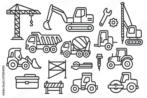 Heavy Machinery Doodle. Hand-drawn doodle illustration Heavy machinery [crane, excavator, bulldozer, forklift, cement mixer truck, dump truck, drill rig,