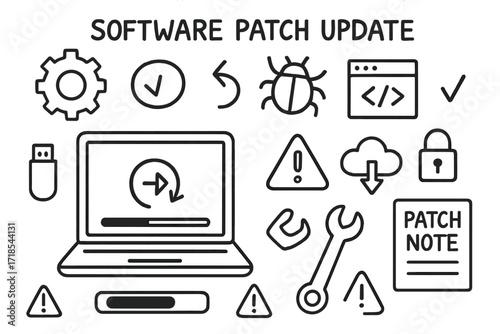Software Update Doodle. Hand-drawn doodle illustration [Software patch update] [laptop, gear, update arrow, bug icon, code window, checkmark, progress bar,