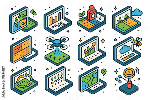 Digital Agriculture Icons. Colorful isometric vector icons set of digital agriculture and land use twins: crop rotation planner, irrigation efficiency model,