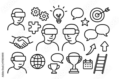 Virtual Teamwork Icons. Hand-drawn doodle illustration teamwork in VR meetings group of avatars, VR headset, handshake, puzzle piece, gears, light bulb, star,