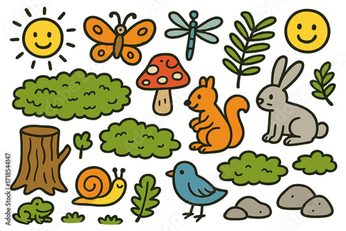 Mossy Forest Doodle. Colorful Hand-drawn doodle Children illustration Mossy Forest moss patches, tree trunk, mushrooms, fern leaves, squirrel, rabbit, snail,