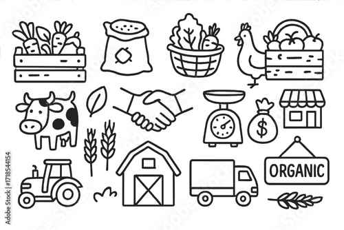 Organic Farming Icons. Hand-drawn doodle illustration wholesale organic farming products crate, sack of grain, basket of vegetables, fruit box, leaf, cow,