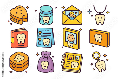Baby Tooth Keepsake Icons. Colorful isometric vector icons set of Baby Tooth Keepsakes: baby tooth box, custom name jar, tooth fairy envelope, engraved silver