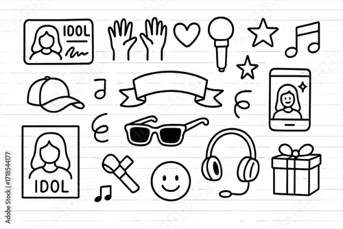 Idol Fan Doodle. Hand-drawn doodle illustration pop idol fan culture autograph card, cheering hands, heart icon, light stick, star, music note, banner, cap,
