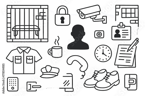 Jail Scene Doodle. Hand-drawn doodle illustration jail cell and booking area bars, bench, padlock, uniform, camera, ID card, paperwork, suspect silhouette,
