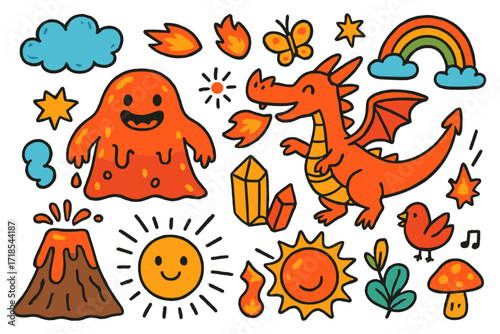 Lava Creatures Adventure. Colorful Hand-drawn doodle Children illustration lava creatures lava monster, fire dragon, volcano mountain, glowing rocks, hot