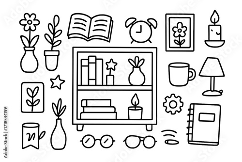 Creative Bookshelf Doodles. Hand-drawn doodle illustration Small bookshelf inspiration [books, open book, vase, plant, candle, clock, mug, glasses, notebook,