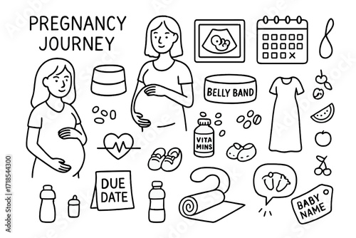 Pregnancy Journey Icons. Hand-drawn doodle illustration [Pregnancy journey] [pregnant woman, baby bump, ultrasound, calendar, belly band, vitamins, heart