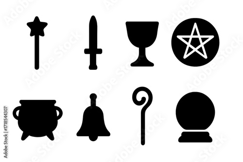 Ritual Tool Icons. Solid, filled icon set of ritual tools: wand, athame, chalice, pentacle, cauldron, bell, staff, crystal ball. Solid, filled icons in only
