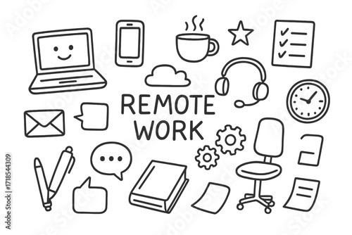 Remote Work Essentials. Hand-drawn doodle illustration remote work assistant laptop, smartphone, coffee cup, headset, checklist, clock, star, cloud, envelope,