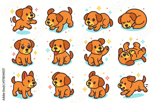 Playful Puppy Icons. Colorful isometric vector icons set of Puppy expressions and poses: excited jump, playful crouch, curious sniff, sleepy curl-up, begging