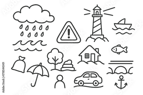 Storm Preparedness Icons. Hand-drawn doodle illustration Storm surge cloud, raindrop, waves, lighthouse, boat, fish, anchor, house, tree, sandbag, umbrella,