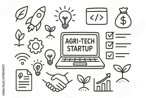 Agri-Tech Startup Icons. Hand-drawn doodle illustration Agri-tech startup laptop, rocket icon, idea bulb, code screen, money bag, leaf, sprout, gear,