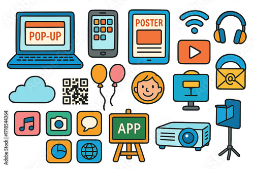 Digital Doodle Elements. Colorful Hand-drawn doodle Children illustration Pop-up digital display laptop, smartphone, tablet, posters, video play icon, Wi-Fi