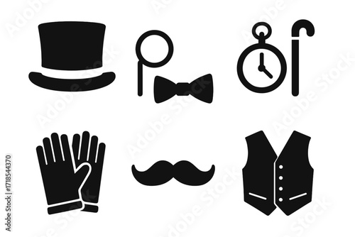 Gentleman Accessory Icons. Solid, filled icon set of gentleman accessories: top hat, monocle, bow tie, pocket watch, cane, gloves, mustache, waistcoat. Solid,