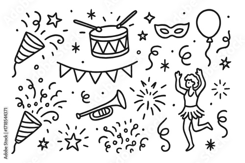 Celebration Doodles Icons. Hand-drawn doodle illustration [festival poppers celebration] [firecracker, drum, star, spark, confetti, ribbon, party popper,