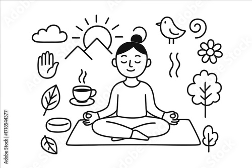 Morning Meditation Doodle. Hand-drawn doodle illustration Morning meditation ritual person sitting cross-legged, rising sun, yoga mat, cushion, cup of tea,