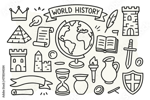 Historic Icons Doodle. Hand-drawn doodle illustration world history map, globe, pyramid, castle, scroll, quill, book, crown, sword, shield, torch, coin,