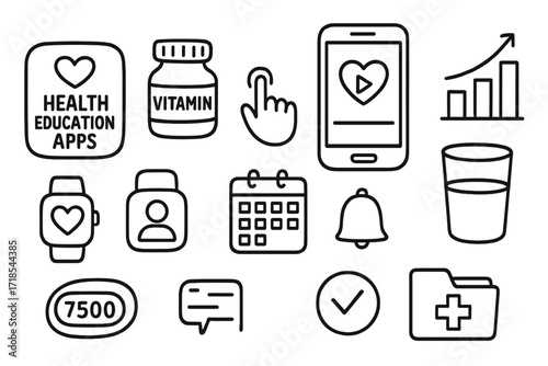 Health App Doodles. Hand-drawn doodle illustration [health education apps] [app icon, mobile screen, heart, vitamin bottle, bar chart, smartwatch, tap gesture,