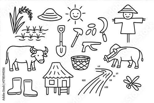 Rice Paddy Doodles. Hand-drawn doodle illustration Rice Paddy [rice plant, water field, farmer hat, buffalo, wooden plow, shovel, sickle, rice grains, basket,