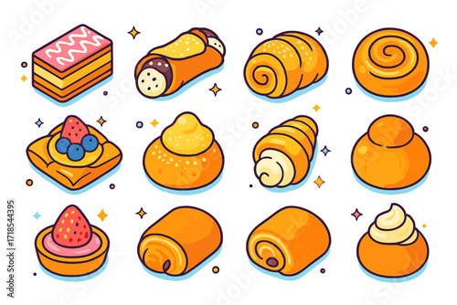 Decadent Pastry Icons. Colorful isometric vector icons set of Decadent pastries: mille-feuille, cannoli, almond croissant, Danish swirl, fruit danish, custard