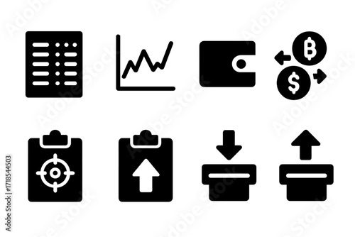 Crypto Exchange Icons. Solid, filled icon set of crypto exchange features: order book, price chart, wallet balance, trading pairs, limit order, market order,
