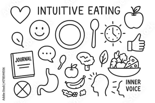 Intuitive Eating Doodles. Hand-drawn doodle illustration [Intuitive eating] [heart, apple, smiley face, plate, clock, journal, spoon, speech bubble, thumbs up,