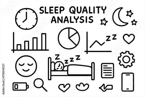 Sleep Analysis Doodles. Hand-drawn doodle illustration Sleep quality analysis [bar graph, pie chart, line chart, clock, moon, stars, sleeping face, bed, zzz