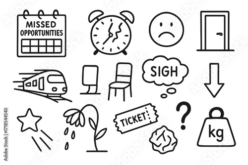Missed Opportunities Icons. Hand-drawn doodle illustration missed opportunities calendar, broken clock, sad face, closed door, train leaving, empty chair, sigh