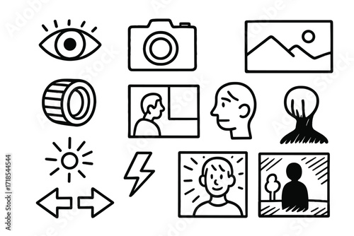 Visual Storytelling Elements. Hand-drawn doodle illustration Visual Storytelling eye, lens, camera, landscape frame, light flare, storyboard panel, close-up
