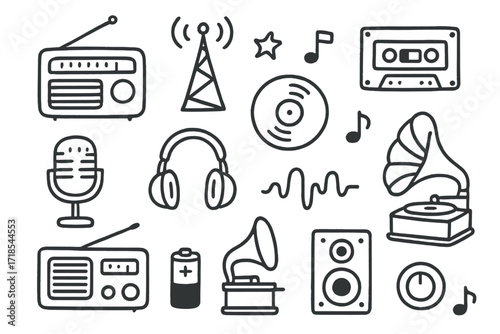 Vintage Music Doodle. Hand-drawn doodle illustration Vintage radio broadcasting retro radio, antenna, cassette tape, vinyl record, microphone, headphones,