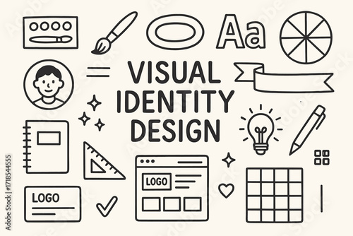 Creative Design Icons. Hand-drawn doodle illustration Visual identity design [palette, brush, logo shape, font letters, color wheel (outlined), banner, profile