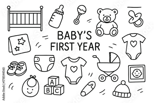 Baby's First Year Essentials. Hand-drawn doodle illustration Baby?s First Year [crib, baby bottle, rattle, teddy bear, pacifier, blanket, diaper, onesie,